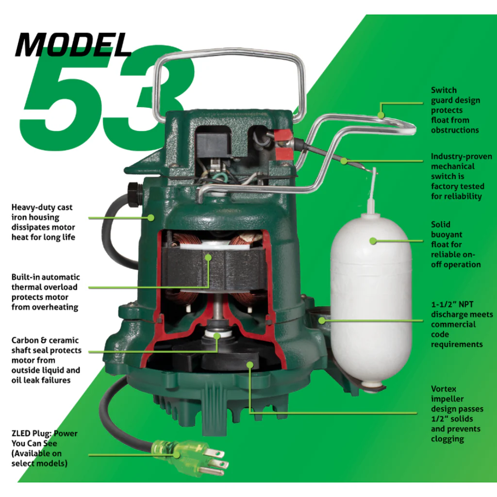 Zoeller M53 Sump / Effluent Pump with LED Plug — 1/3 HP, 9′ Cord (53-0001) - Image 4